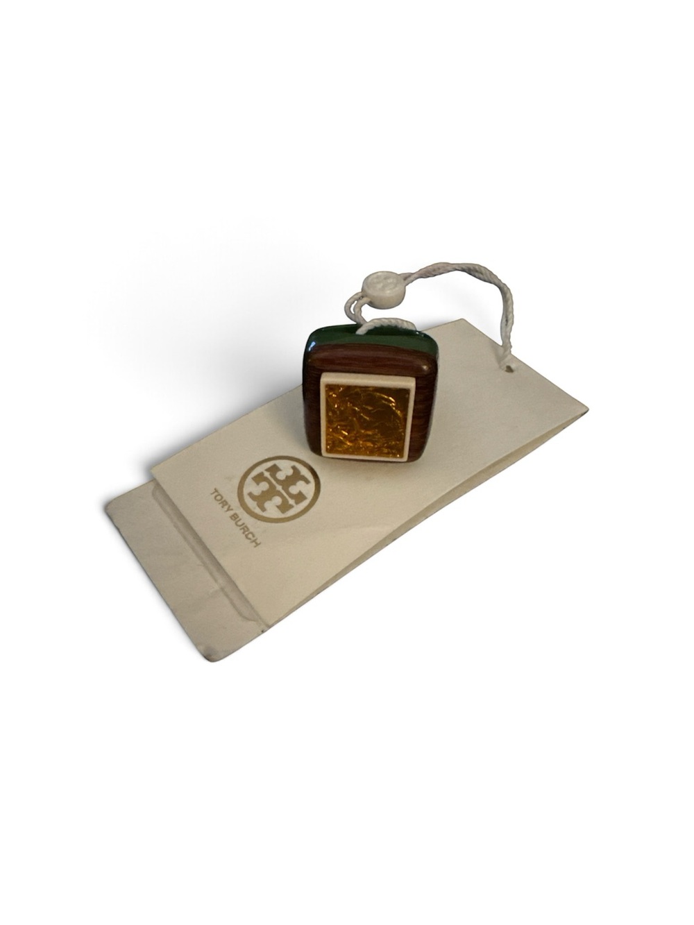 Tory Burch Green, Brown and Gold Square Accent Tag